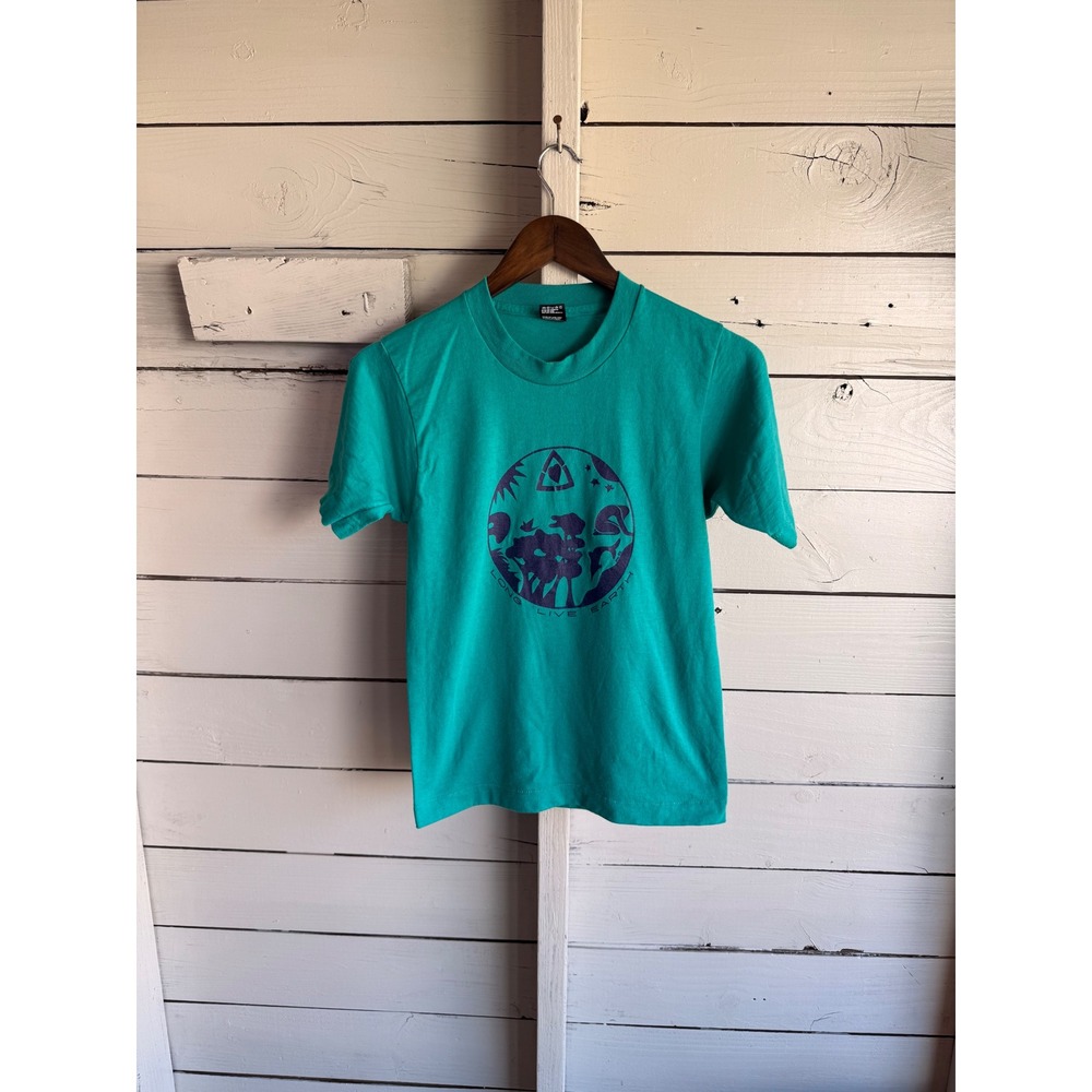 Vintage Best Fruit of the Loom Long Live Earth Graphic T-Shirt Teal Kids 14-16